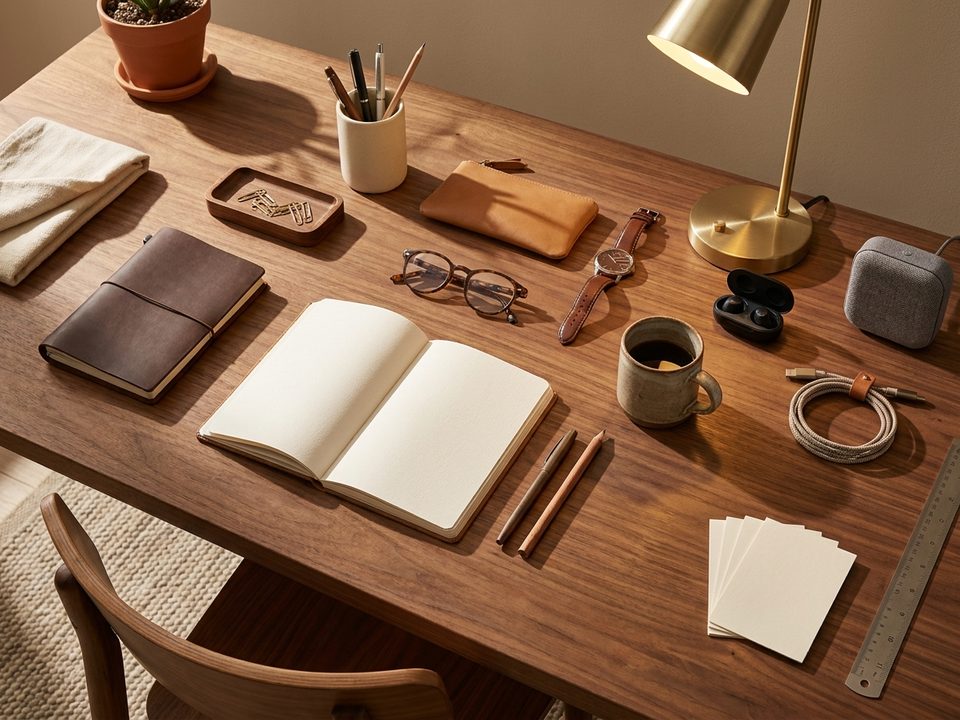 Everyday objects arranged on a wooden desk