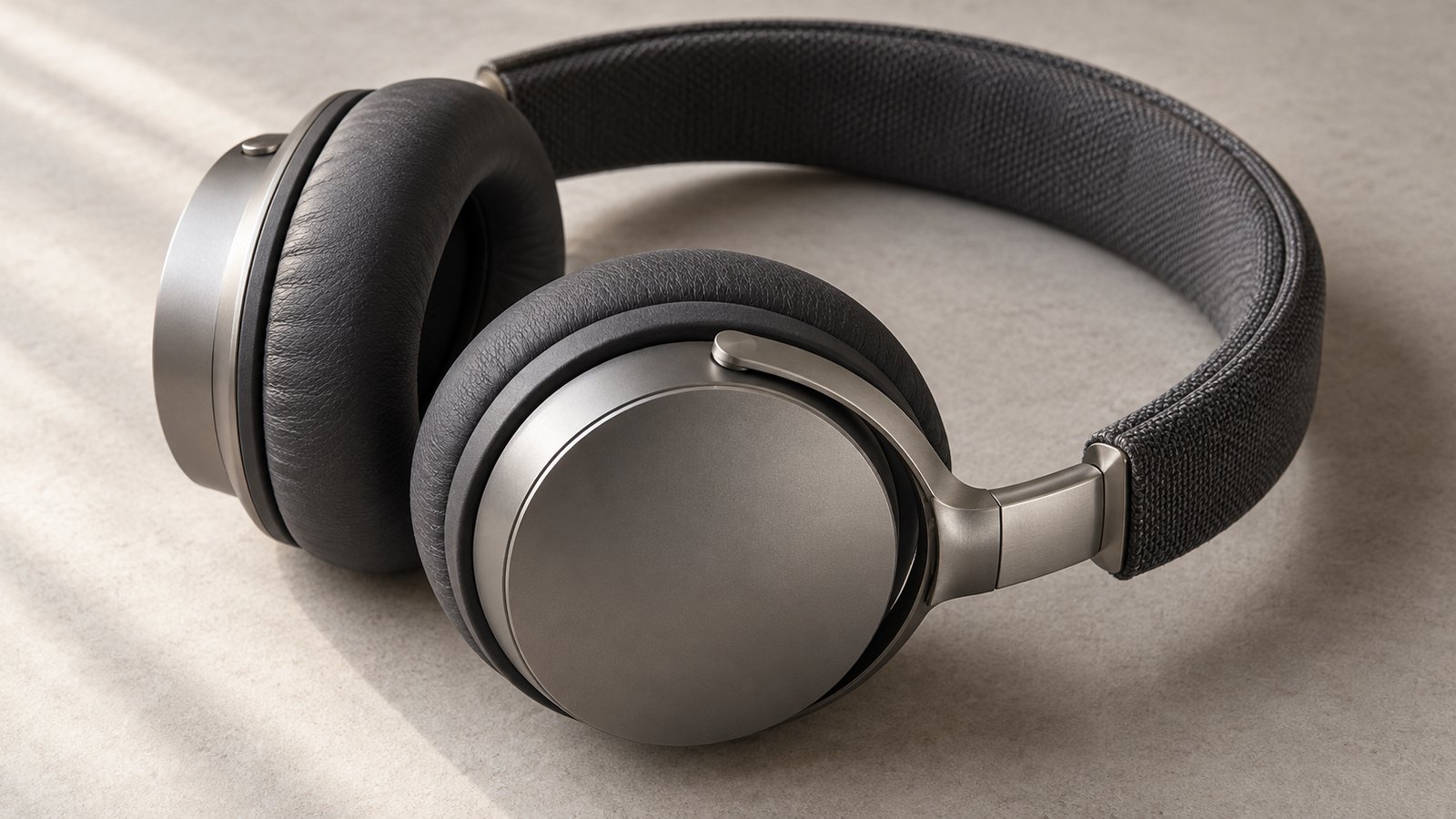 Unbranded over-ear headphones in satin metal and graphite textile.