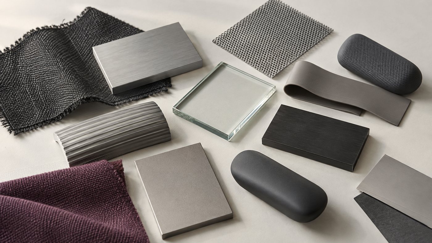 Material and finish samples laid out on a pale surface.