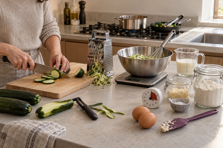 Hands slicing zucchini on a board, with a grater, a scale and a timer in use.