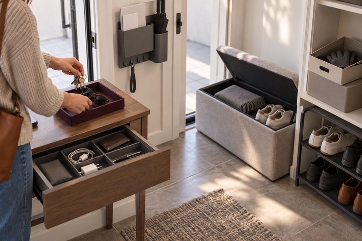 An entryway console with a valet tray, drawer organizers, a storage bench and a shoe rack in use.