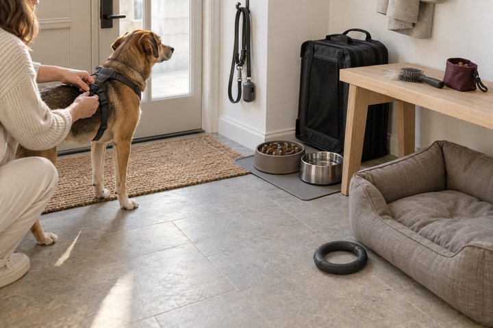 A dog being fitted with a harness, with bowls, a brush, a bed and a carrier nearby.