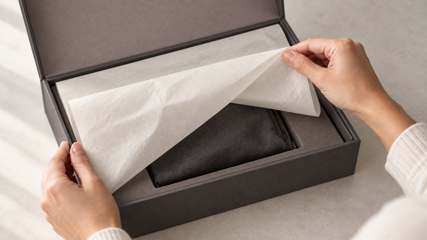 Hands opening a plain presentation case lined with tissue paper.